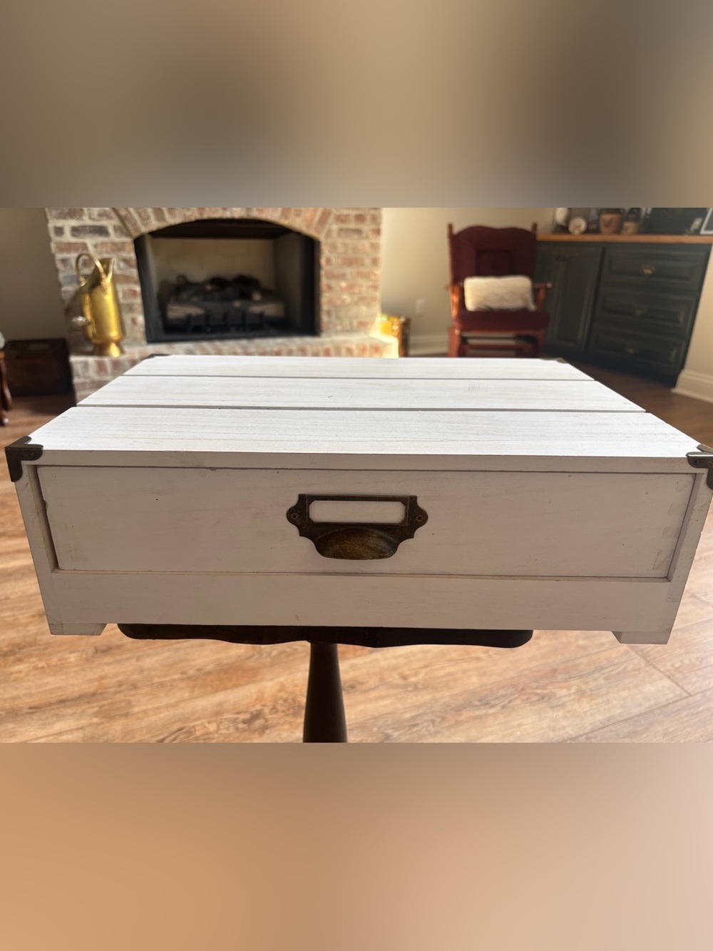 White Shiplap Storage Shelf with Drawer Brass Label Pull